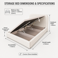 Lit plateforme moderne avec rangement sous le lit, revêtement en tissu beige, plateforme relevable hydraulique pour chambre à coucher