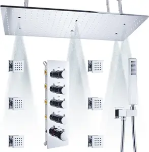 天花板安装浴室淋浴系统黄铜16英寸恒温淋浴套装，带多功能顶部淋浴