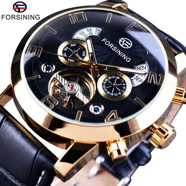 Forsining Men Top Brand Luxury Tourbillion Fashion Black Golden Clock Multi Function Display Mens Automatic Mechanical Watches