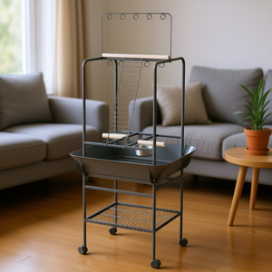 Gray Mobile <b>Bird</b> <b>Stand</b> With Wheels Stainless Steel Perches Pull Out Tray For Small Parrots Includes Feed Bowls Model D0100X3HMT6 - Product Image 2