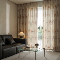 Rideaux occultants imprimés fleurs séchées style campagne française, en faux lin beige texturé, motif botanique fleurs sauvages, pour salon