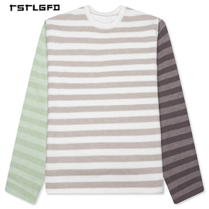 เสื้อยืดแขนยาวผู้ชายลายทางวินเทจทรงหลวมโอเวอร์ไซส์ แบบคอตก ผลิตตามสั่ง ถักทอจากผ้าฝ้าย/โพลีเอสเตอร์ 100% เป็นมิตรต่อสิ่งแวดล้อม - Product Image 1