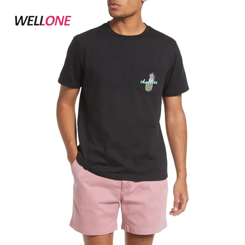 100% Cotton Pre Shrunk Black Streetwear T-shirts Custom Pineapple Printing Pocket Graphic Tee Shirts For Men