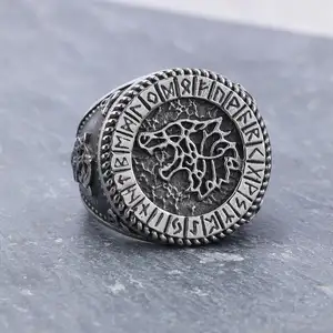 Direktverkauf Edelstahl Ägyptischer Stil Ring Wolfskopf Rune Amulet Ring für Männer