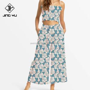 Pantalones Largos Anchos con Estampado Tropical de Verano para Mujer, Mono Hawaiano Personalizado - Product Image 1