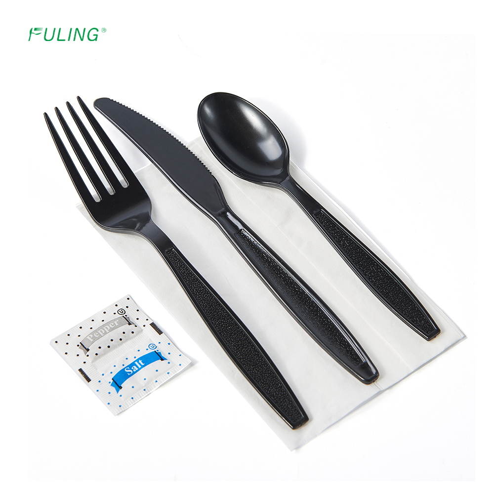 FULING G-PS-6N1-734 Disposable Cutlery Set - Heavy Weight Black Plastic Spoon Fork Knife