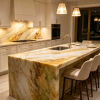 Dalle de marbre de luxe jaune beige, polie, en pierre naturelle, avec veines vertes et brunes, pour mur de villa, fond de cuisine et plan de travail d'îlot