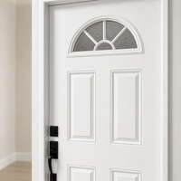 Porte d'entrée en acier à 4 panneaux avec verre demi-lune, design traditionnel