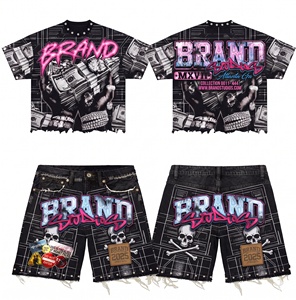 Wholesale OEM <b>Men's</b> Summer Tracksuit <b>Short</b> Sleeve Cropped Boxy T-Shirt and <b>Shorts</b> Set Custom <b>Patch</b> Streetwear 2 Piece Suit <b>Men</b> - Product Image 1