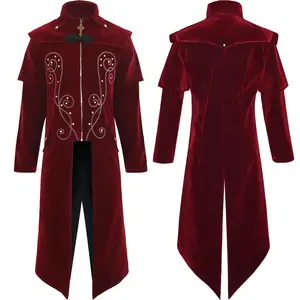 New Medieval Jacket Coat Monk Cosplay Costumes Red Gothic Long embroidery Steampunk Tuxedo suit Men's Trench coat coldker