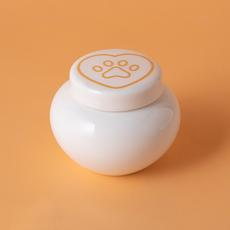 Round ash urn-white-golden heart paw print
