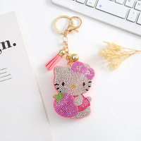 Porte-clés chat en strass, porte-clés chat mignon de dessin animé avec pompon et clochette, breloque de sac scintillante pour femmes et filles
