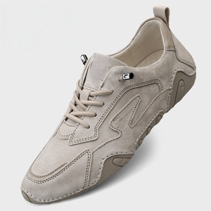 <b>Beige</b> Genuine Leather Mesh Lining Solid Walking Shoes Lace Casual Sneakers Breathable Lightweight Toe for Daily Outdoor Wear - Product Image 2