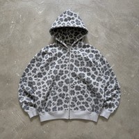 Felpa con Zip Personalizzata Stampa Leopardata Grigia Vintage Oversize Stampa Digitale Streetwear Logo Personalizzato in Spugna Francese per Uomo