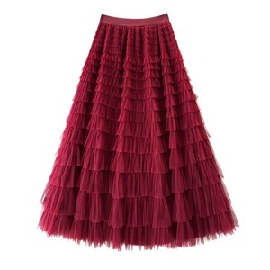 <span class=keywords><strong>Jupe</strong></span> <span class=keywords><strong>longue</strong></span> évasée en tulle à taille empire avec coutures en maille et élasticité élevée, style 'Sweet Cake', Nouvelle collection Printemps Été Automne Hiver 2025 - Product Image 5