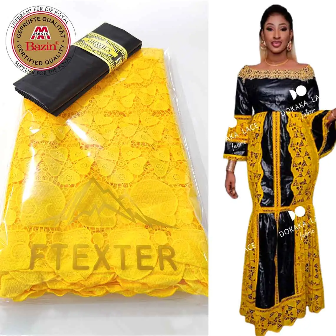 Vàng Và Đen 100% Ai Cập Bông Ren Top Class Thụy Sĩ Voile Vải Guinea Khô Ren Cho Phụ Nữ Bazin Riche Ren Vải