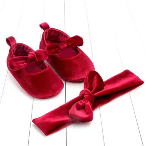 Wholesale Red Velvent New Born Baby Shoes and Headband Set Infant Elastic cord Baby Party Shoes Chinese Factory