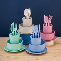 Ensemble de vaisselle pour enfants en plastique biodégradable respectueux de l'environnement avec logo personnalisé, 6 pièces, fourchette, cuillère, baguettes, assiette, bol, tasse en paille de blé