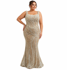 Abito da sera formale <span class=keywords><strong>taglie</strong></span> <span class=keywords><strong>forti</strong></span> con spalline sottili, in tulle color champagne nude, con perline e strass fatti a mano, ideale per Gala, Red Carpet, Ballo di fine anno, Feste - Product Image 3