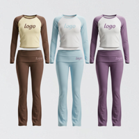 Ensemble de survêtement Y2K 2 pièces pour femme, avec haut court à manches raglan et pantalon évasé à taille repliable, color block, personnalisable avec logo, vente en gros