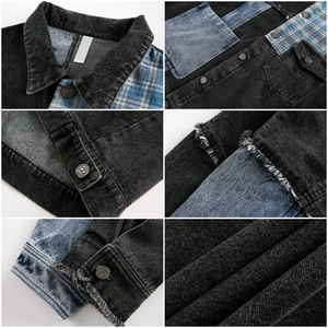 TKAN393 personnalisé automne Vintage marque hommes Denim veste en détresse détails Unique tissu bloquant Patchwork lavé vêtements d'extérieur - Product Image 4