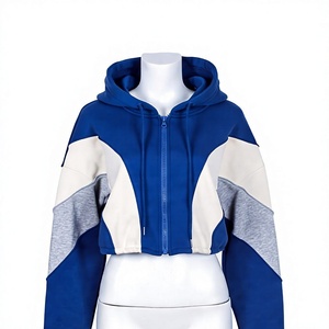 Women's <b>Cropped</b> Color Block <b>Zip</b> <b>Up</b> Hoodie Oversized Fleece Hooded Sweatshirt Long Sleeve Casual Streetwear Jacket - Product Image 1