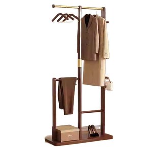 Clothes Rack Solid Wood Walnut Color <b>Standing</b> Type Multifunctional Bedroom Clothing Organizer With Pants And Bag Hooks - Product Image 2