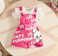 Ensemble deux pièces d'été pour bébé fille : T-shirt doux en coton côtelé à manches courtes + Short à bretelles imprimé lettres et dessins animés