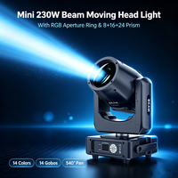 Mini projecteur à tête mobile 230W avec anneau d'ouverture LED RGB, 14 couleurs, 14 gobos, prismes 8+16+24 pour éclairage de scène