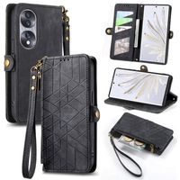 Coque de téléphone antichoc en cuir à fermeture éclair géométrique avec boucle latérale pour Honor 70 – Offre Spéciale