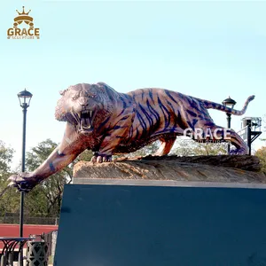 Estatua de bronce para parque al aire libre, escultura de Animal de tamaño real, tigre saltador de bronce
