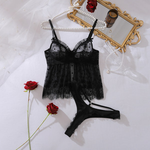 Комплект эротического белья Chuangerm Spot <span class=keywords><strong>2026</strong></span>: кружевное, сетчатое, прозрачное, с бантом, формирующее бюст, бюстгальтер и стринги, черное, экзотическое - Product Image 4