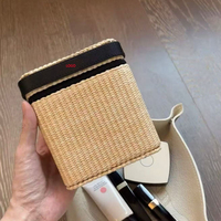 Nouvelle Trousse de Maquillage en Raphia Tressé avec Bordure en Cuir, Style Luxe Designer, Organisateur de Maquillage en Paille pour Femme, Idéale Voyage et Plage