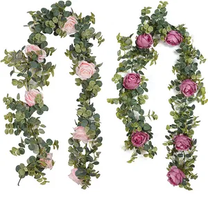 Wholesale Hanging White Artificial Silk Peony Rose Flower Vine Eucalyptus Plant Leaves Garland with Roses for Wedding Wall Decor