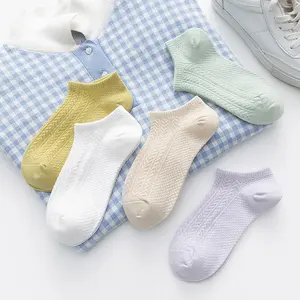 Vente en gros de chaussettes courtes de couleurs Pastel d'été, ensemble de chaussettes bateau en coton uni coupe basse pour femmes