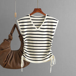 เสื้อยืดคอวีแขนกุดถักสำหรับผู้หญิงมีเชือกผูกเอวแฟชั่นทันสมัย - Product Image 6