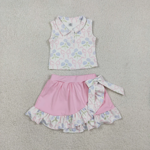 Factory Direct Sale Baby Clothes Flowers <b>Bows</b> Top <b>Pink</b> Ruffle Skirts Shorts Girls Summer Yoga Clothes Set - Product Image 2