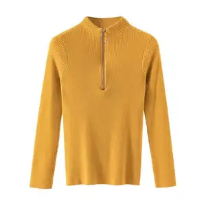 Cardigã feminino de malha alta com gola alta, cardigan feminino de gola alta com zíper s0428