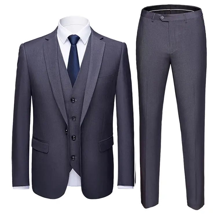 Mens gray office3 pcs three piece suits set coat blazer slim fit tuxedo wedding formal grey 3 piece men business suits