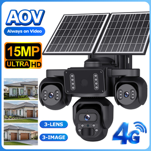 Caméra <span class=keywords><strong>solaire</strong></span> 4G économique avec 3 objectifs, 3 écrans, Wi-Fi, suivi de sécurité, détection humaine AOV, alarme PIR, fonctionnement 24/7, IP66 - Product Image 1