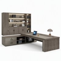 Bureau de direction moderne et minimaliste, directement de l'usine, grand bureau de bureau avec bibliothèque latérale intégrée, prises intégrées, matériau PVC, nouveauté 2024