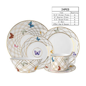 New Design Butterfly Gold Rim Ceramic Plate Bone China <b>Dinnerware</b> <b>Set</b> with Dessert & Bread Flat Plate 20/24 Pcs INS Style - Product Image 1