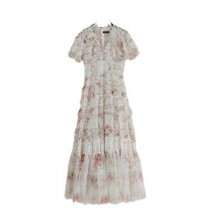 2025 automne décontracté col en V robe florale robuste à manivelle maille imprimé jupe dentelle mousseline de soie grand ourlet champignon bord couches - Product Image 5