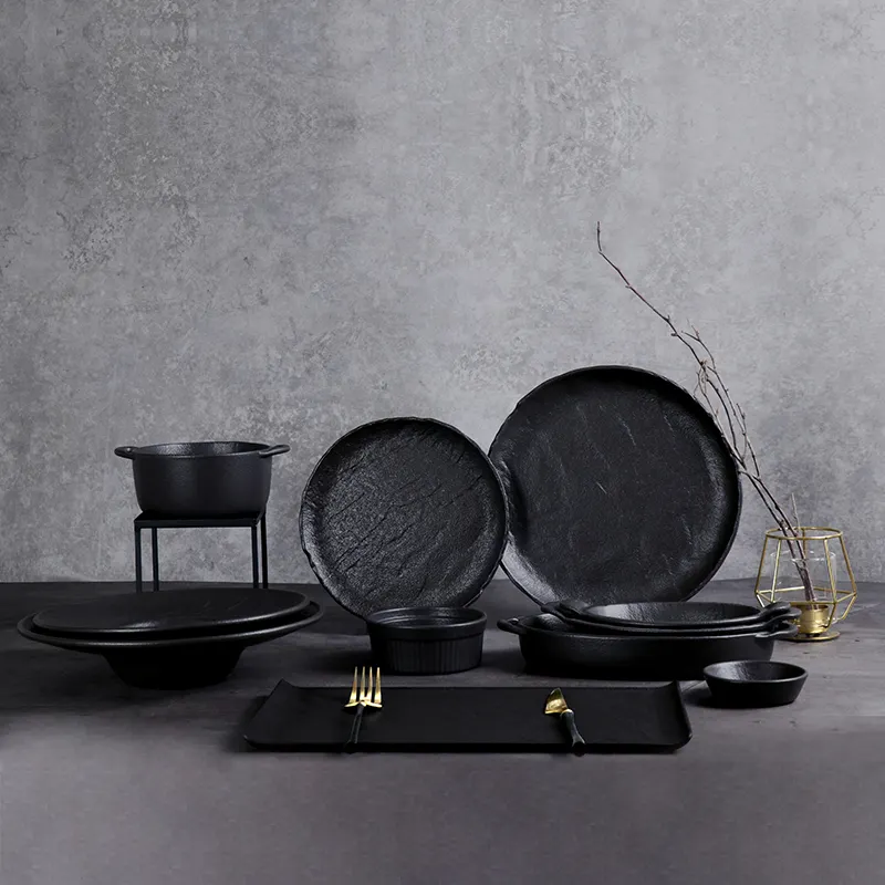 Conjunto de louças de porcelana preta, conjunto de louças de cerâmica para manuseio de restaurantes e hotel