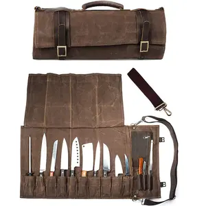 Сделанный на заказ Холщовый кожаный чехол для шеф-повара ножа рулон дорожный кухонный комплект сумка для хранения