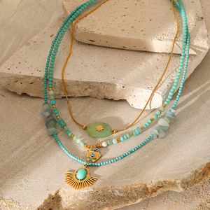 Tarnish-Free <strong>Boho</strong> Stainless Steel Snake Chain Choker Trendy Natural Amazonite Beads Stacking <strong>Necklace</strong> with Diamond Main Stone - Product Image 4