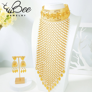 Conjunto de Joyería de Lujo para Novia Africana Nigeriana, Collar Largo de Malla Hueca Chapado en Oro de 24k de Dubái, Venta Caliente - Product Image 1