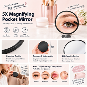 Miroir de maquillage portable rond à cadre noir de 6 cm, grossissement 5X, miroir cosmétique de poche, logo personnalisé, vente en gros - Product Image 2