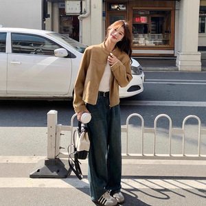 Khaki <b>Suede</b> <b>Jacket</b> Women Short Loose Fit Full Sleeve Cow <b>Suede</b> Autumn Casual Korean Style Coat - Product Image 4