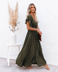 2022 manica corta donna casual elegante <span class=keywords><strong>verde</strong></span> scollo a v flowy maxi abito <span class=keywords><strong>lungo</strong></span> estivo bohémien da spiaggia <span class=keywords><strong>con</strong></span> bottoni - Product Image 5